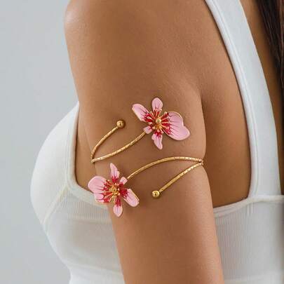 1pc Iron Alloy Double-Head Enamel Glazed Floral Open Bangle, Minimalist And Elegant Design, Suitable For Mother's Day Gift, Parties, And Everyday Wear