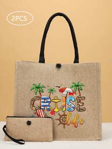 2 Pieces Linen Letter Print Travel Tote Bag Set - Khaki - View 2