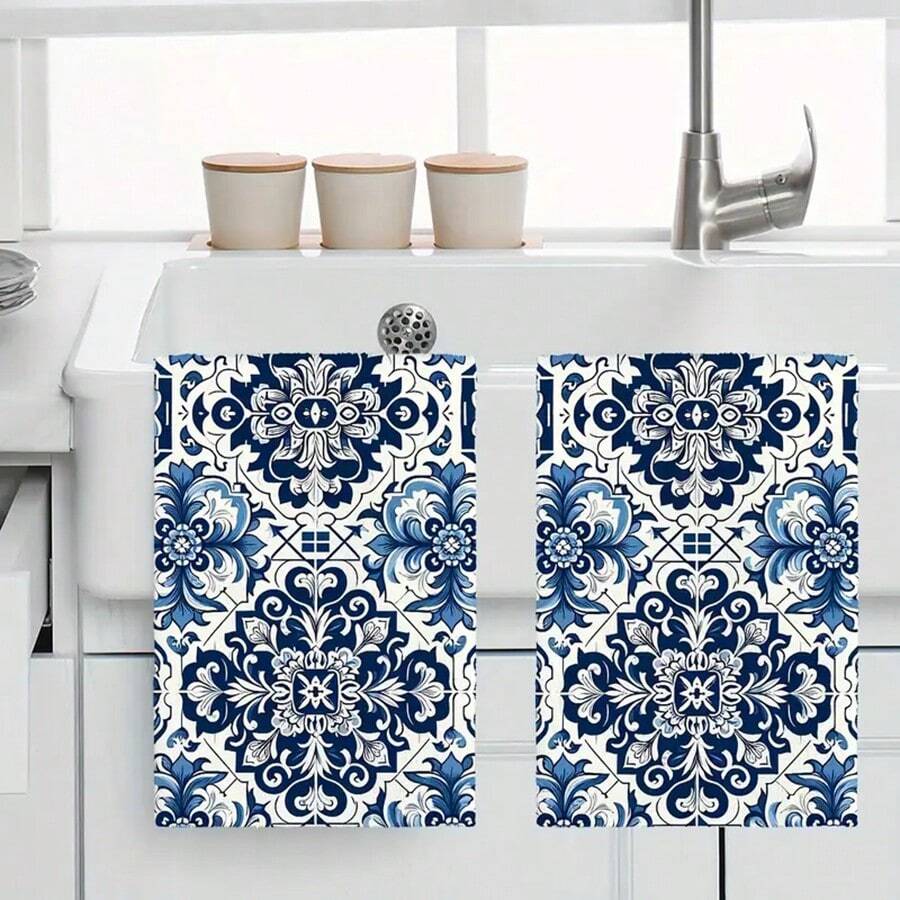 1pc/2pcs Bohemian Style Blue And White Porcelain Floral Kitchen Towels, Soft & Absorbent Machine Washable Polyester Dishcloth, Perfect For Kitchen Decor, Cooking.Baking, Holiday Decor & Bathroomssentials, TableDecor, Kitchen Supplies, Home Decoration, New Home Bathroom Housewarming Gift, Kitchen Towels - Multicolor - View 1