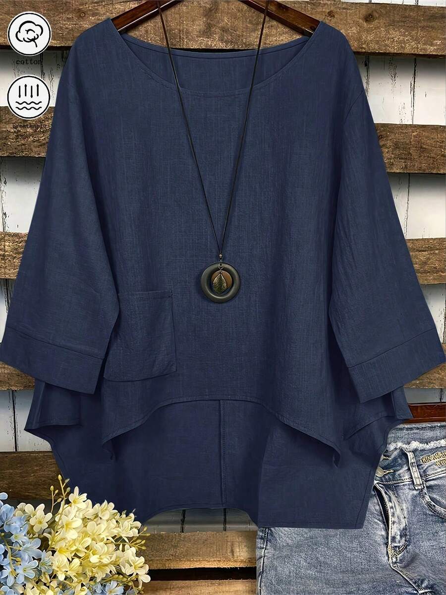 Women's Solid Color Asymmetrical Hem Shirt With Pocket