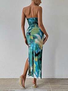 Vestido largo de tubo anudado de longitud hasta el tobillocon abertura lateral de estampado tie-dye para mujer adecuado para uso diario, sexy - Verde - Ver 2