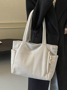 大容量时尚女士单肩托特包，柔软耐用的灯芯绒面料，配有侧袋和多个内部隔层，拉链开合，适合短途旅行、通勤和日常使用 - 彩色 - 查看 6