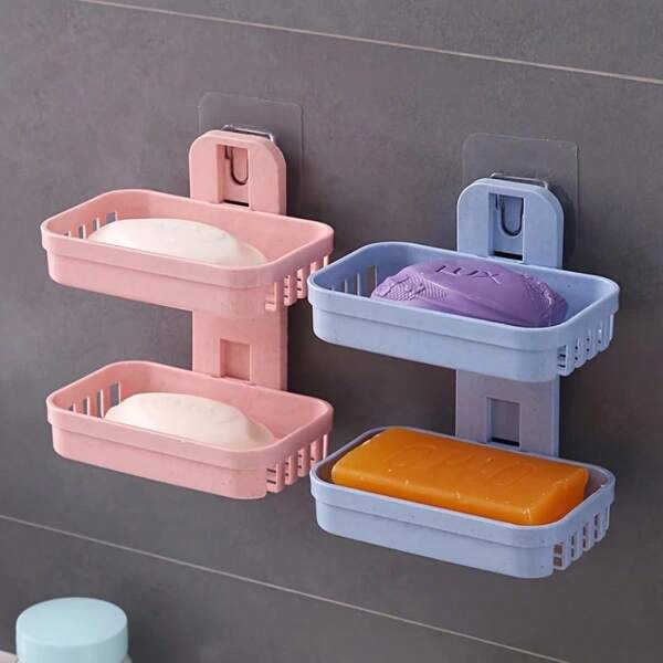 1pc Double Layer Soap Dish With Draining Sponge Rack - Wall Mounted Bathroom Storage Organizer For Holding Toiletries And Shampoo