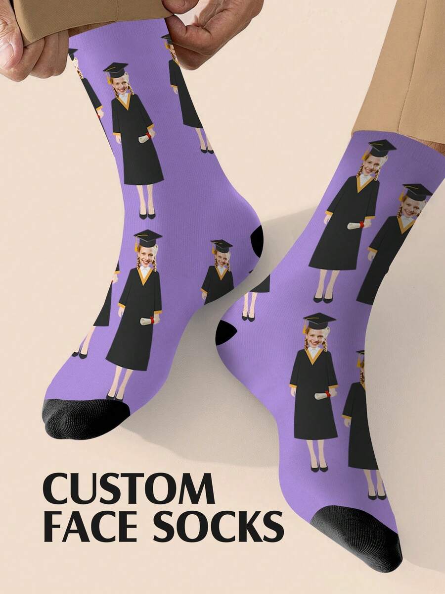 1 Pair Customized Graduation Socks, Customized Photo Socks, Customized Printed Socks, Customized Image Socks, Graduation Gift, Anniversary Gift, Valentine's Day Gift, Birthday Gift, Wedding Gift, Mother's Day Gift, Father's Day Gift, Gift For Best Friend, Gift For Parents, Gift For Girlfriend/Boyfriend, Gift For Her/Him - Multicolor - View 1