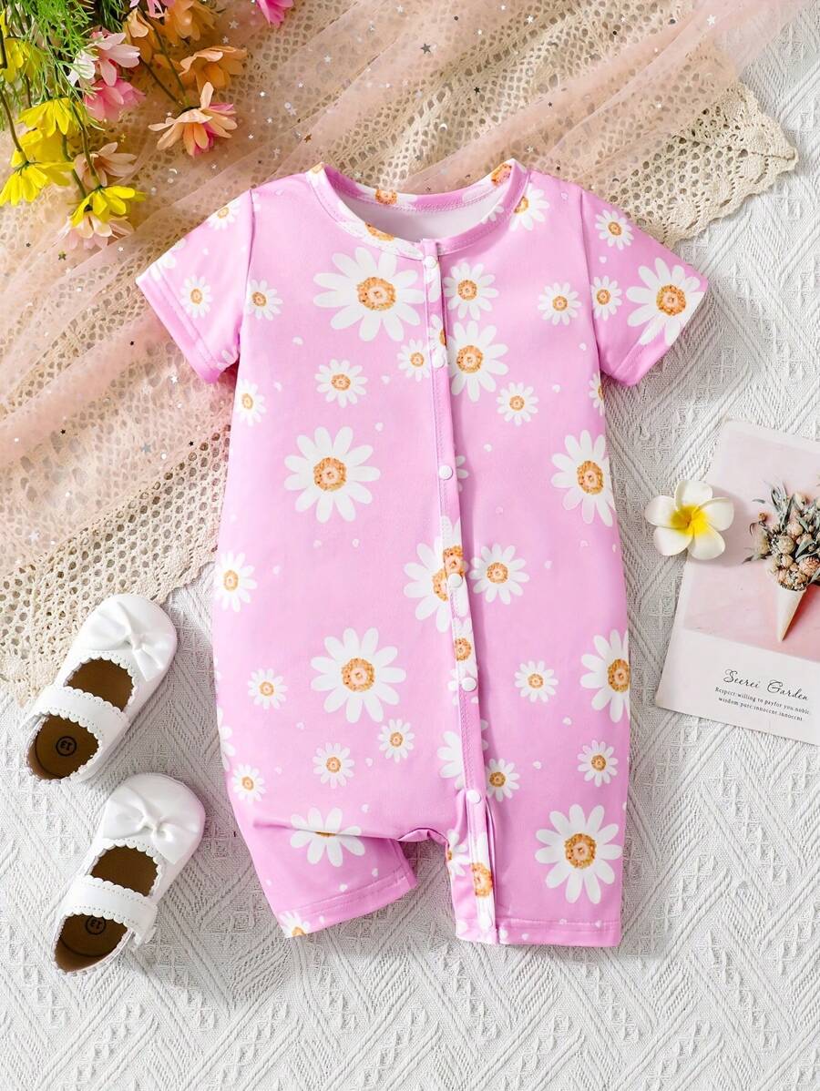 Baby Mädchen Kurzarm Rundhals Knopfverschluss Sommer Romper