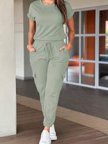 Vaiaye 女士极简时尚圆领短袖圣诞连体裤 - 豆綠色 - 查看 8