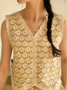 Women Vintage Style Embroidered Single-Breasted Knit Vest - Beige - View 3