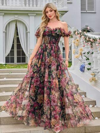 Kexmon Elegant Romantic Handmade Flower Decor Off Shoulder Mesh Floral Dress With Slit, Heavy Work Lady's Formal Party Evening Gown Wedding Guest Dress Prom Dress