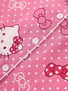 Conjunto de pijama autorizado de Sanrio, 2 piezas, con parte superior de manga corta con cuello en V y botones, estampado de Hello Kitty, y pantalón con lazo, set de pijama de verano, cómodo para uso en casa