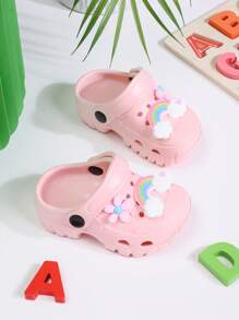 New Kids Girls Boys Hollow Out Flat Non-Slip Slip On Sandals, Fastener Adjustable Cute Rainbow & Floral Pattern, Versatile Summer Beach Slippers For Holiday