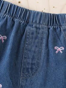 1pc Girls' Fashion Everyday Embroidered Pink Bow Denim Shorts - Medium Wash - View 6