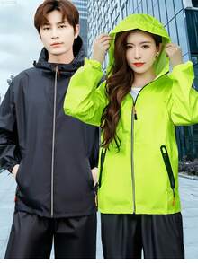 男女摩托车雨衣套装，超薄防水外套带收纳袋，防风透气，长袖，侧袋，适合骑行、钓鱼、户外徒步，父亲节礼物，母亲节礼物 - 彩色 - 查看 12