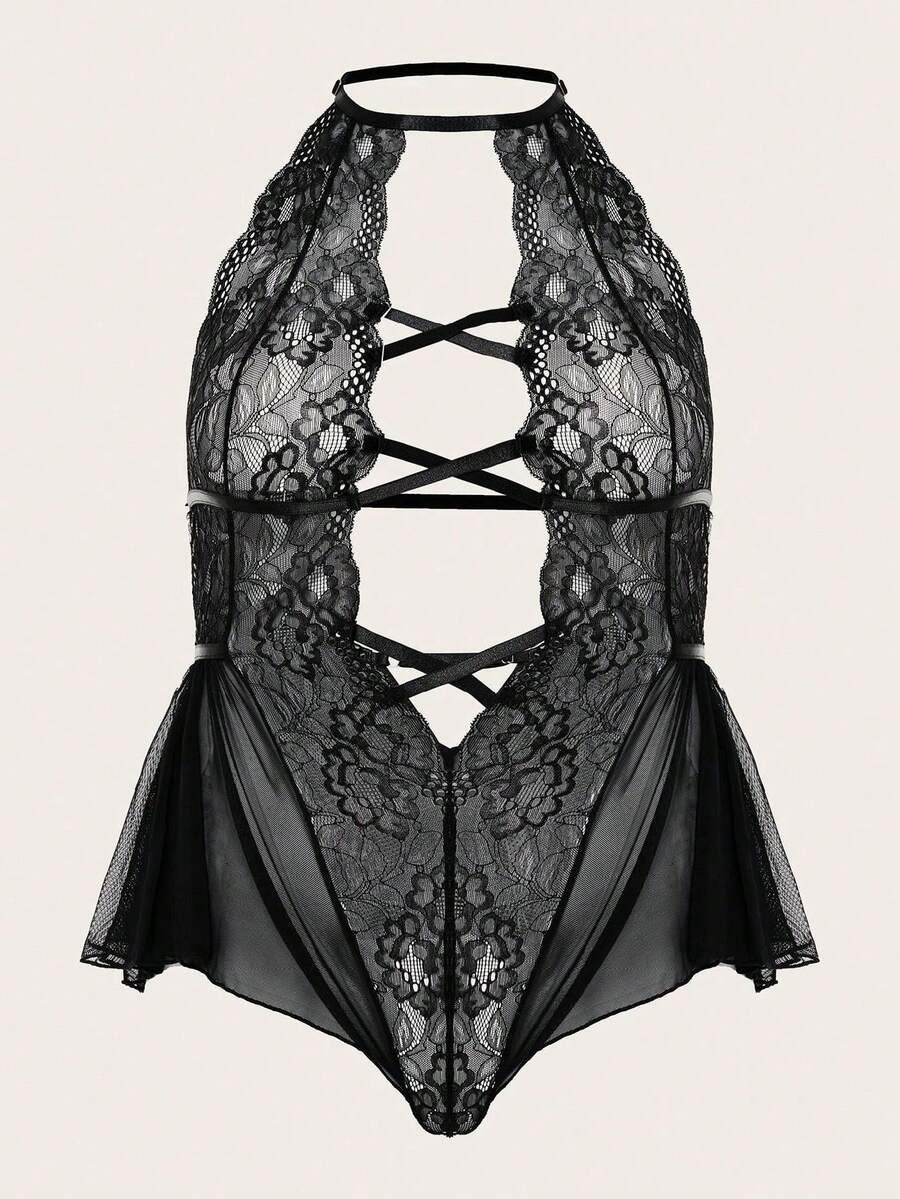 ملابس داخلية للسيدات بنمط جريء وخاص، بقصة رقبة عالية، من الأقمشة الدانتيل، مع إغلاق مربوط، مقاسات واسعة - الأسود - مشاهدة 1