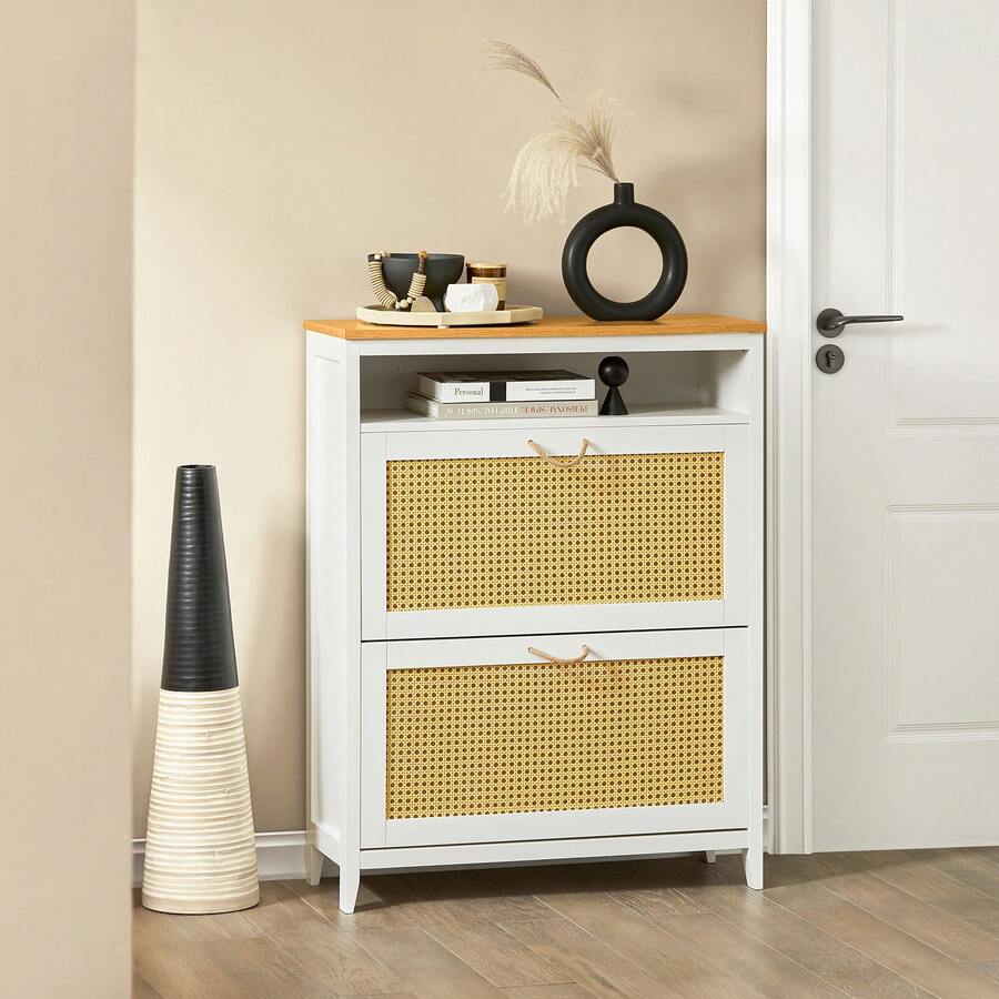 SoBuy FSR127-W Shoe Cabinet With 2 Doors, 1 Open Compartment, Shoe Rack With 4 Shelves, Shoe Chest Of Drawers With Grid Design, W X H X D Approx.: 75 X 98 X 30 Cm - White - View 1