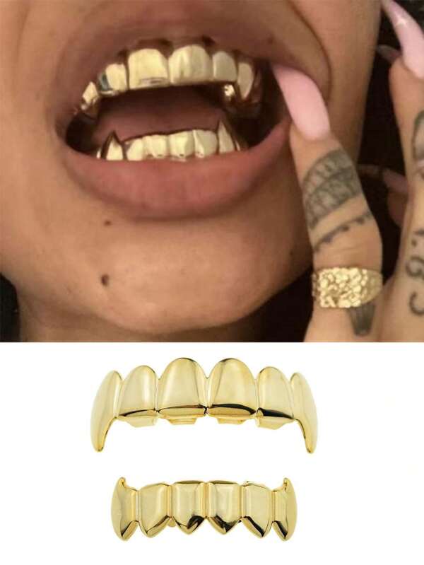 1 Set Of 6-Teeth Smooth Fangs Grill, Punk Hip Hop Style Decorative Tooth Grillz, Unisex Party Festival Stage Prop With Detachable Design And Mouth Piece Included