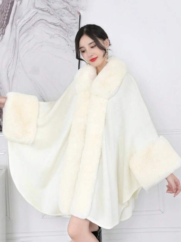 1pc Generous Fur Collar Solid Poncho Cardigan Sweater With Cape, Plus Size Relaxing Loose Coat For Women