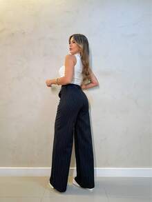Women's Plaid Pants, High Waist, Stripes, Casual, Modern And Elegant - màu đen - Xem 2