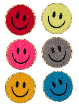 6片装多色雪尼尔笑脸贴布熨烫贴片，DIY服装配饰刺绣缝纫熨烫装饰贴片，适用于衣服、鞋子、包包、帽子，可爱刺绣装饰，夏季、学校主题