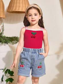 2件套少女樱桃吊坠时尚休闲背心+刺绣樱桃牛仔短裤