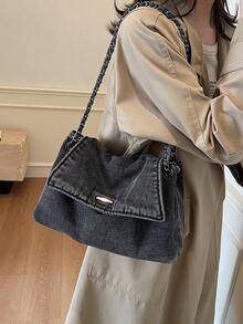 全新时尚休闲纯色牛仔布金属链条手柄翻盖女士单肩包 - 黑色 - 查看 6