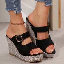 Women's Platform Sandals Fashion Hollow-Out Buckle Closure Wedge Heel Beach Outdoor Summer Straw Woven Bottom Shoes