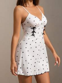 1pc Women's Solid Color Heart Print Bow Detail Ruffle Trim Comfy Nightgown, Vacation