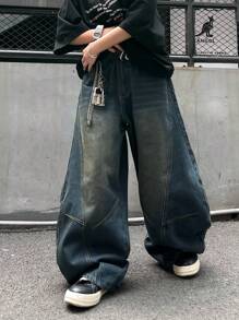 1 pieza Jeans rectos con diseño de parches y lavado vintage desgastado de ajuste holgado para hombre (El producto no incluye cinturón ni accesorios), estilo emo