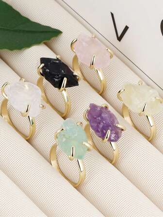 1 件 CSJA 不对称天然石戒指，适合女士女孩，疗愈能量黄水晶紫水晶玫瑰石英水晶金色奢华珠宝配饰礼物 H587