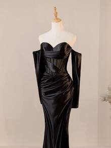 Elegantes, schickes Damen Off-Shoulder Meerjungfrau-Schnitt Enges Langes Kleid, Formelles Abendkleid für Bankette, Partys, Proms, Winter, abnehmbare Ärmel - Schwarz - Übersicht 8