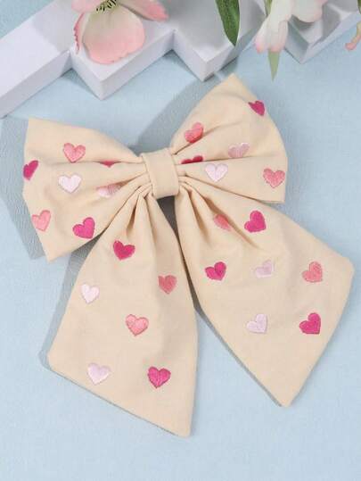 1pc Girl's Hair Clip, Sweet Pink Heart Embroidered Hair Clip, Solid Color Bow Hair Clip, Linen Alligator Clip, Girl & Teen Hair Accessories, Suitable For Daily Life