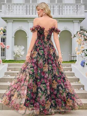 켁스몬 우아하고 로맨틱한 수제 꽃 장식 오프 숄더 메시 플로럴 드레스 슬릿 장식, 고급스러운 여성의 정식 파티 이브닝 가운 웨딩 게스트 드레스 프롬 드레스