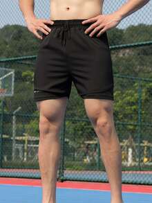 1 件男士休闲运动短裤带衬里，两件套，跑步、训练、健身、球类运动，透气短裤，内有隐形短裤，防擦伤