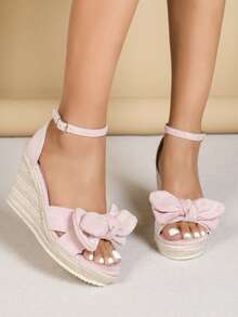 女士时尚坡跟凉鞋，仿麂皮蝴蝶结圆头厚底凉鞋，绳底厚底，后跟包覆，纯色，户外夏季风格，简约粉色女士凉鞋 - 粉色 - 查看 4