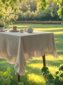 1pc Plain Linen Tablecloth With Ruffle Hem, Vintage Rustic Style For Kitchen, Dining Table, Coffee Table, TV Stand, Valentine's Day, Wedding Decor - Multicolor - View 1