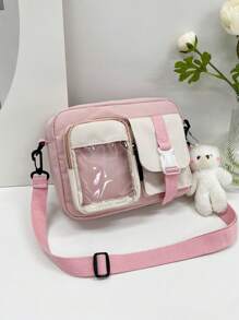 Two Tone Release Buckle Decor Square Bag With Bag Charm School Bag For Graduate, Teen Girls, Freshman, Sophomore, Junior & Senior In College, University & High School, Perfect For Outdoors ,Travel & Back To School