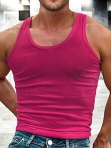 Playera Ajustada de Tirantes para Hombre con Cuello Redondo y Hombros Descubiertos para Gimnasio - Rosa Fucsia - Ver 2