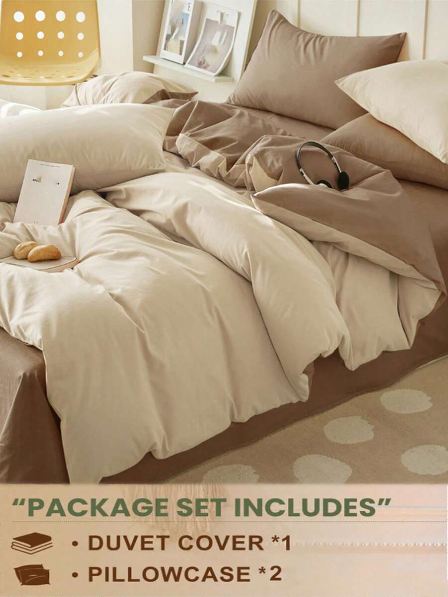 Juego de edredón de 2 tonos de 3 piezas en color camello claro y café talla grande oscuro, 2 fundas de almohada, 1 funda de edredón sin relleno, lavable, para dormitorio - Caqui - Ver 1