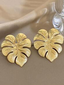 1 Cặp Hoa tai đinh tán lá cá nhân Hoa tai đinh tán vàng lớn cho phụ nữ Hoa tai thép không gỉ cho tiệc hàng ngày Quà tặng trang sức sinh nhật - Lá - Xem 2