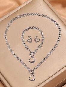 4 Pcs Stylish Personalized Design Simple Stainless Steel Love Necklace Bracelet Earrings Suitable For Holiday Gifts To Friends Valentines - Gold - View 10