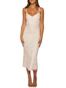 Women Sleeveless Floral Maxi Dress Summer Spaghetti Strap Bodycon Party Dress For Cocktail Beach Streetwear - White - View 7