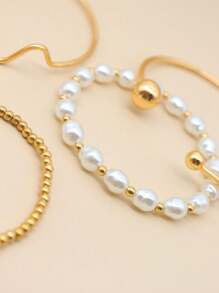 4pcs Asymmetrical Chain Faux Pearl Beaded Bracelet Set For Women, Golden Color