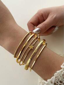 Set de 5 pulseras retro con estrella abierta exagerada, conjunto de pulseras asimétricas y lisas