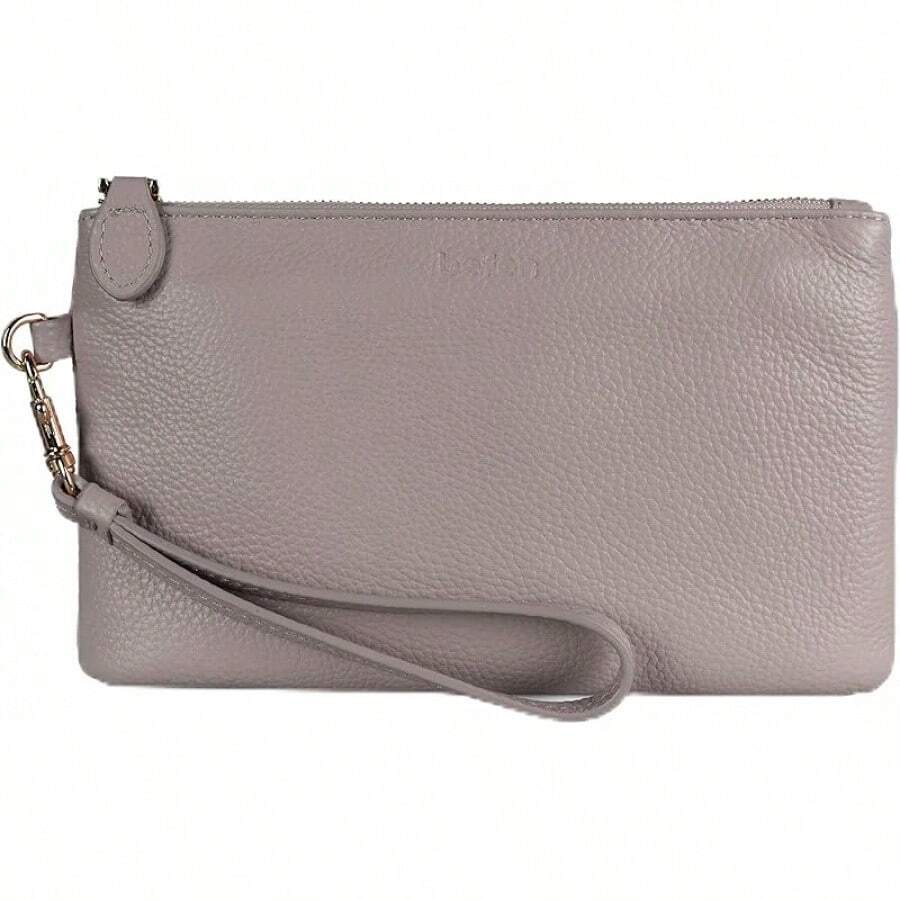 Women's Genuine Italian Leather Wristlet Clutch Wallet Purse, Gold Zipper - Beige - View 1