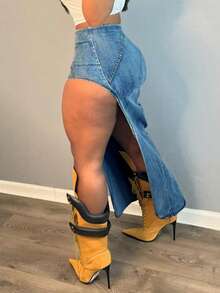 Women Plus Size Elastic Fitted Sexy Patchwork Side High Slit Denim Skirt - Medium Wash - View 3