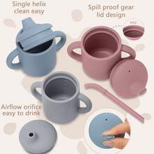 1 pezzo Tazza con beccuccio in silicone per bambini con doppio coperchio e manico, bottiglia d'acqua portatile multifunzione, set di tazze con beccuccio per l'alimentazione e lo stoccaggio di liquidi per bambini