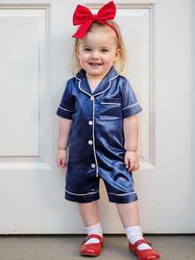 Infant Baby Girl Boy Silk Jumpsuit Pajamas Short Sleeve Button-Up Satin Pjs Footie Romper Pajama Nightgown - 藍色 - 查看 1