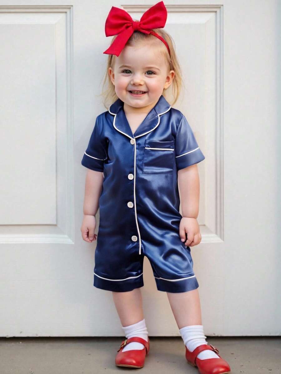 Infant Baby Girl Boy Silk Jumpsuit Pajamas Short Sleeve Button-Up Satin Pjs Footie Romper Pajama Nightgown - 藍色 - 查看 1