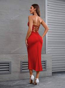 1 peça Novo Vestido Longo com Alças, Decote Costas Nuas e Franzido, Estilo Europeu/Americano, Sexy para Festa/Férias
