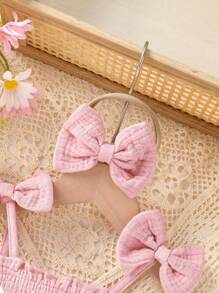 2pcs/Set Baby Girls' Casual Cute Elegant Sweet Cotton Letter & Strawberry Embroidery Ruffle Bow Strap Matching Strawberry Print Mesh Romper Dress With Headband Set, Soft Breathable Infant Girl Clothing, Newborn Birthday Outfit, Suitable For Daily, Vacation, Party, Photo Shoot