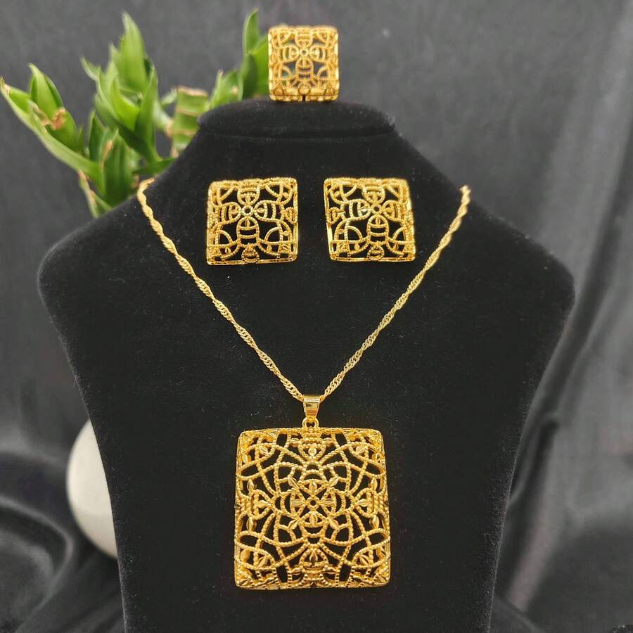 1 set colier, cercei și inel elegant de lux pentru femei, din aliaj de cupru, design auriu, non-Orientul Mijlociu, set de 3 piese, potrivit pentru orice ocazie, poate fi oferit cadou